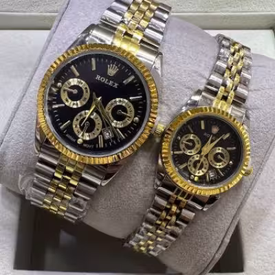 ست ساعت رولکس طرح سه موتوره بنداستیل دورنگ صفحه مشکی