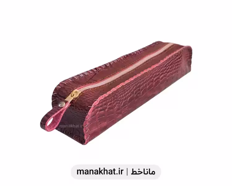 جاقلمی تک زیپ خوشنویسی و هنری چرم طبیعی صورتی طرح‌دار