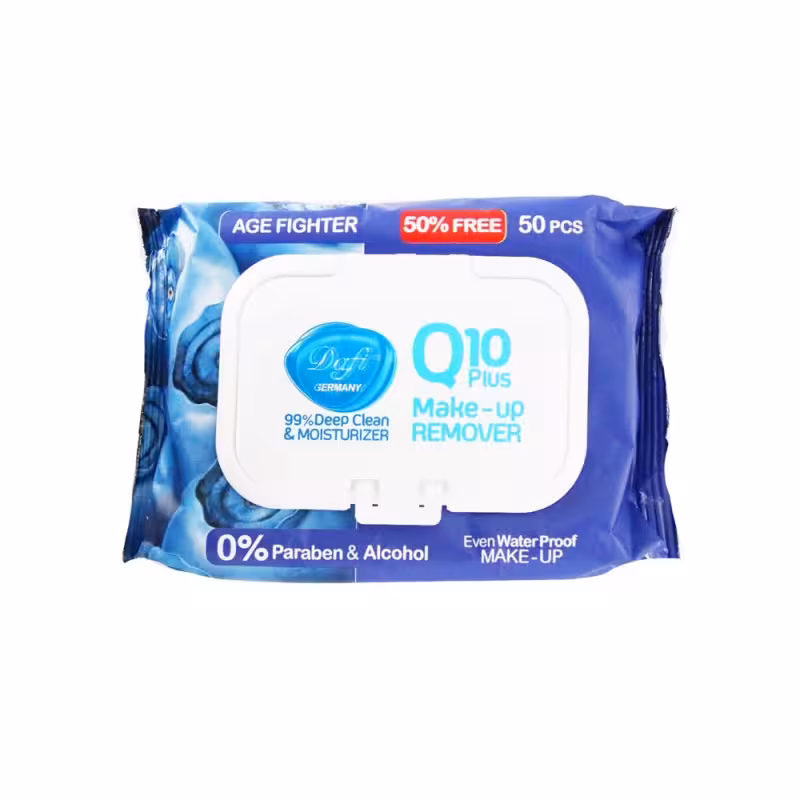 دستمال مرطوب پاک کننده آرایش دافی سری Q10 حاوی عصاره بلوبری بسته 50 عددی