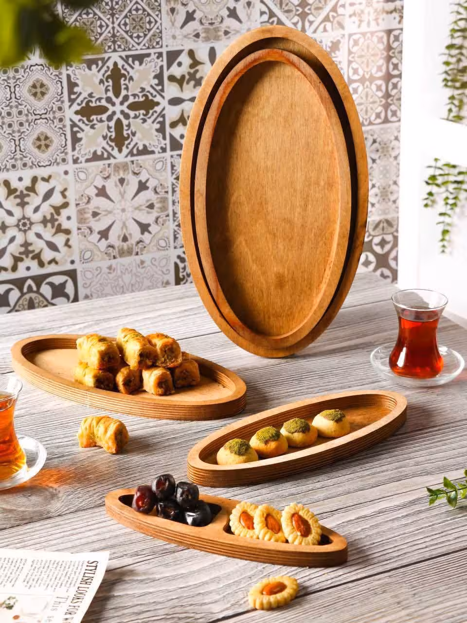 ظرف چوب روس پذیرایی بیضی 5 پارچه