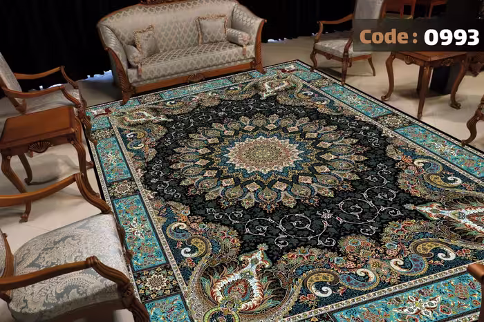 کاورفرش روفرشی دورکشدار گوشه لیفه ای لاکی ، آبی و متنوع کد 0993