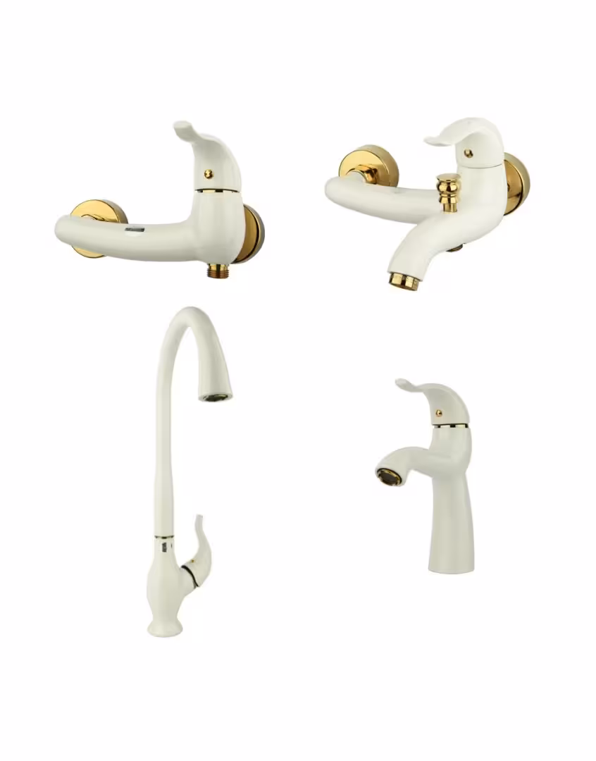 ست چهار تکه شیرآلات راسان مدل اکتاو سفید طلایی