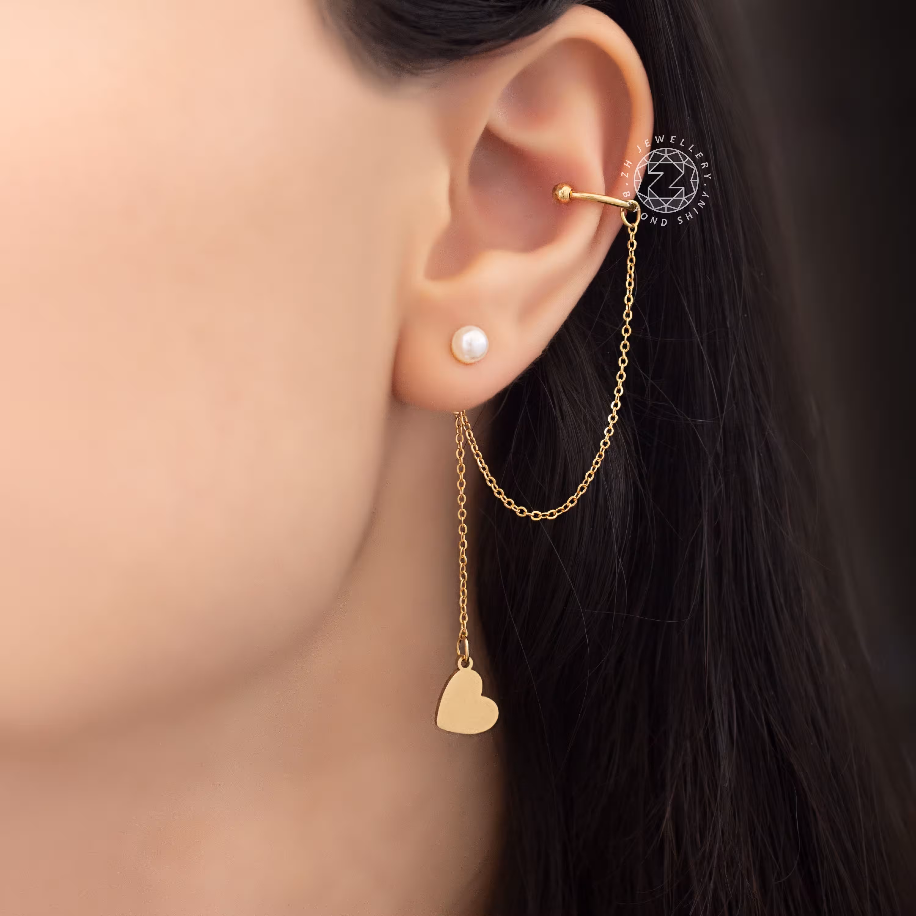 گوشواره ایرکاف قلب و مروارید آویز(جنسش استیله و رنگ ثابت)