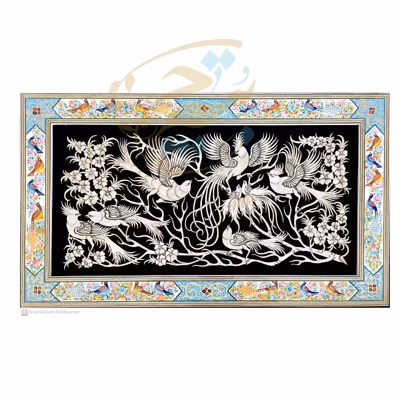 تابلو قلمزنی با قاب خاتم کاری فیبری گل و بلبل 42در72