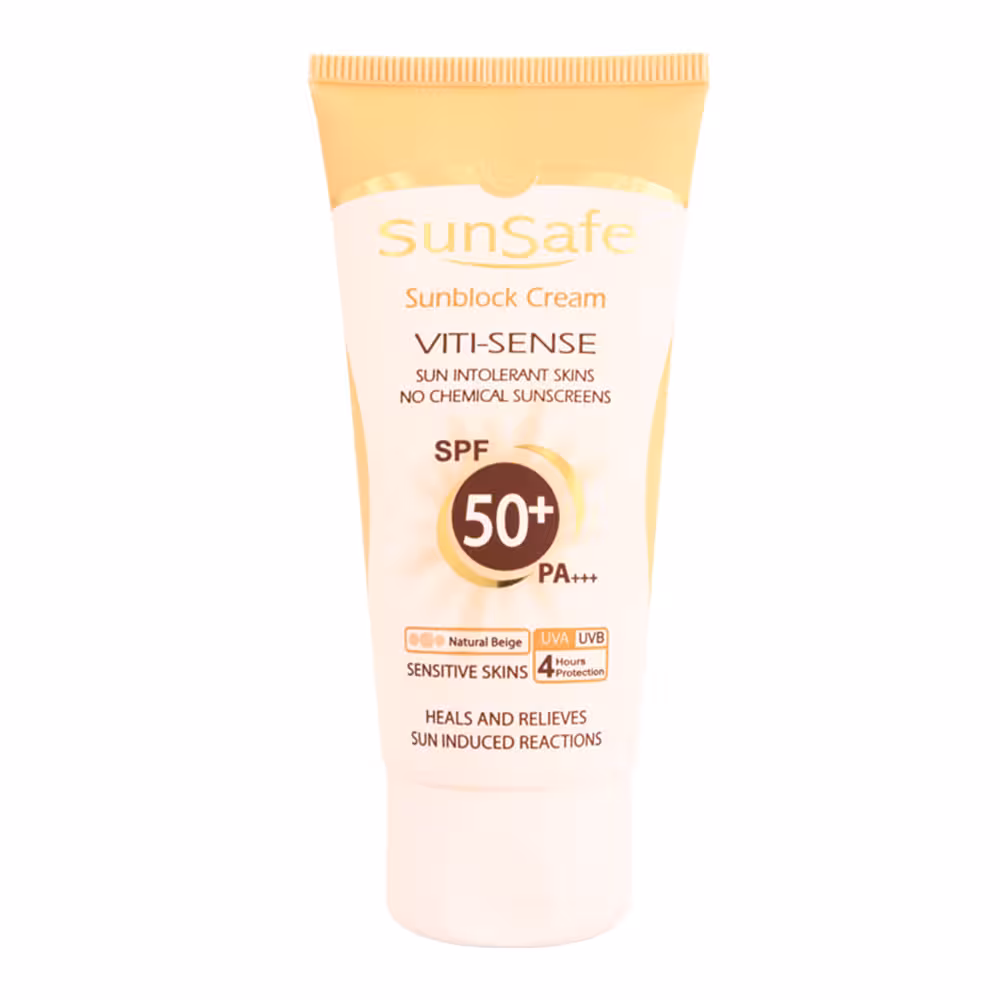 كرم ضد آفتاب  SPF 50 فیزیکال پوست حساس بژ طبیعی سان سیف SUNSAFE SUNSBLOCK SPF50  VITI SENSE CREAM