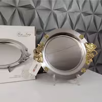 سینی استیل نگار گرد کوچک، مدل رز با طرح گل طلا، کد 308