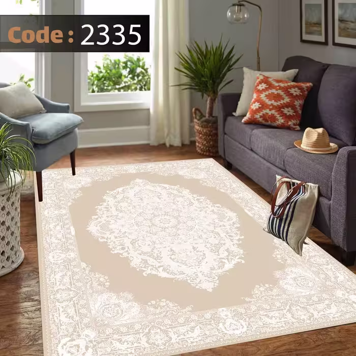 کاورفرش روفرشی دورکشدار گوشه لیفه ای کرم  قهوه ای کد 2335