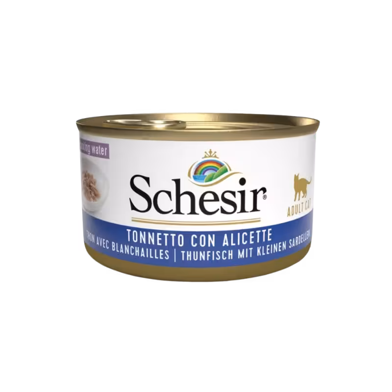 کنسرو گربه بالغ ماهی تن با ماهی کولی در ژل برند Schesir شسیر 85 گرمی