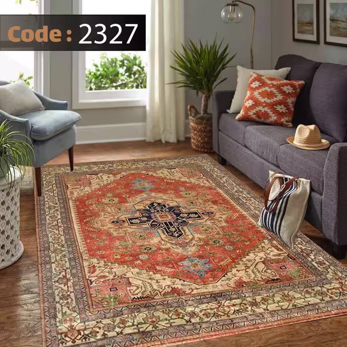کاورفرش روفرشی دورکشدار گوشه لیفه ای لاکی ، آبی و متنوع کد 2327