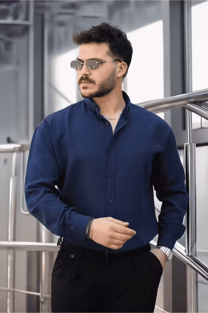 پیراهن بلوز دکمه دار مردانه پارچه ای نیمی از لباس با آستین بلند آبی دریایی Valiberta