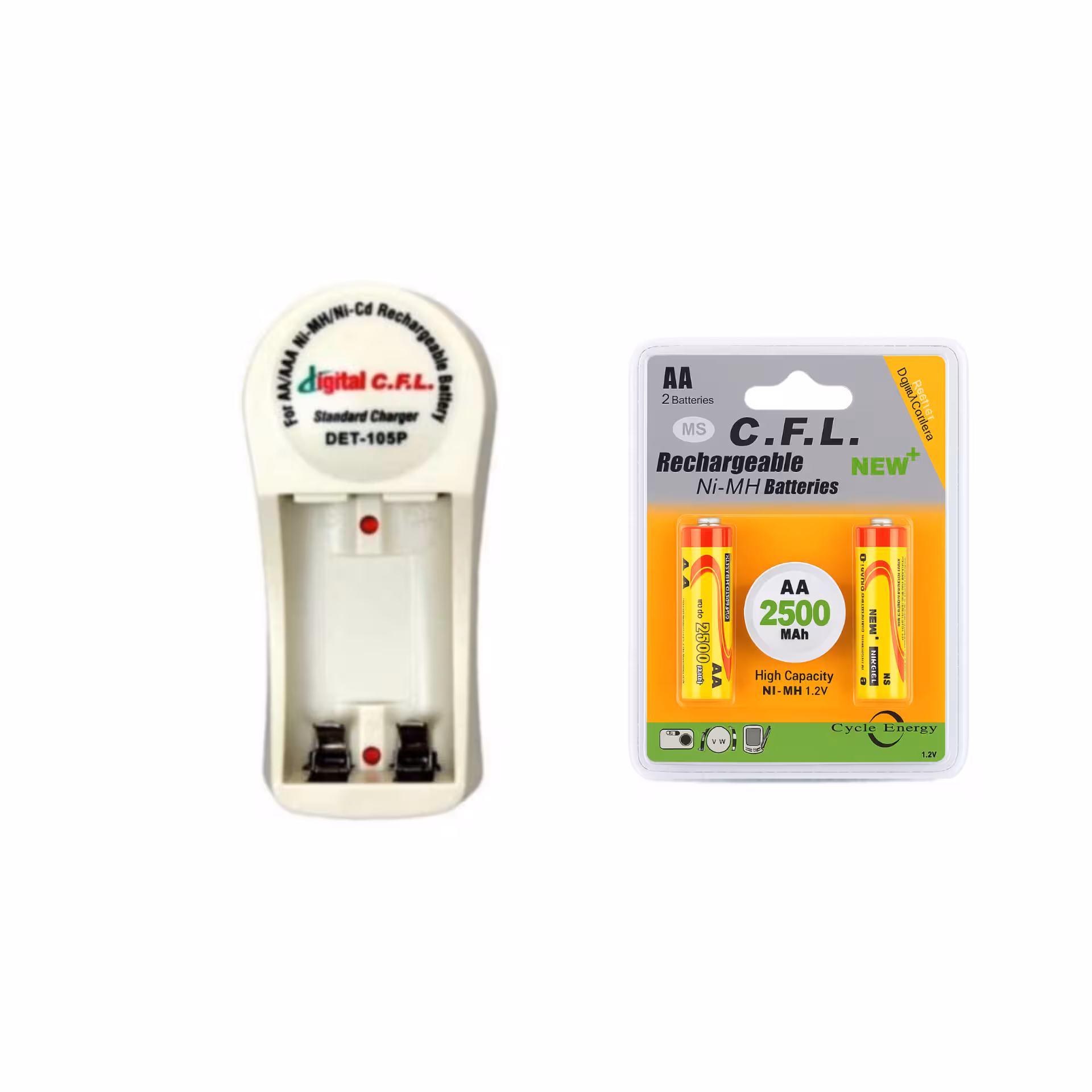 شارژر CFL مدل DET-105P به همراه دو باتری شارژی قلمی مدل AA ظرفیت 2500 میلی‌آمپر ساعت
