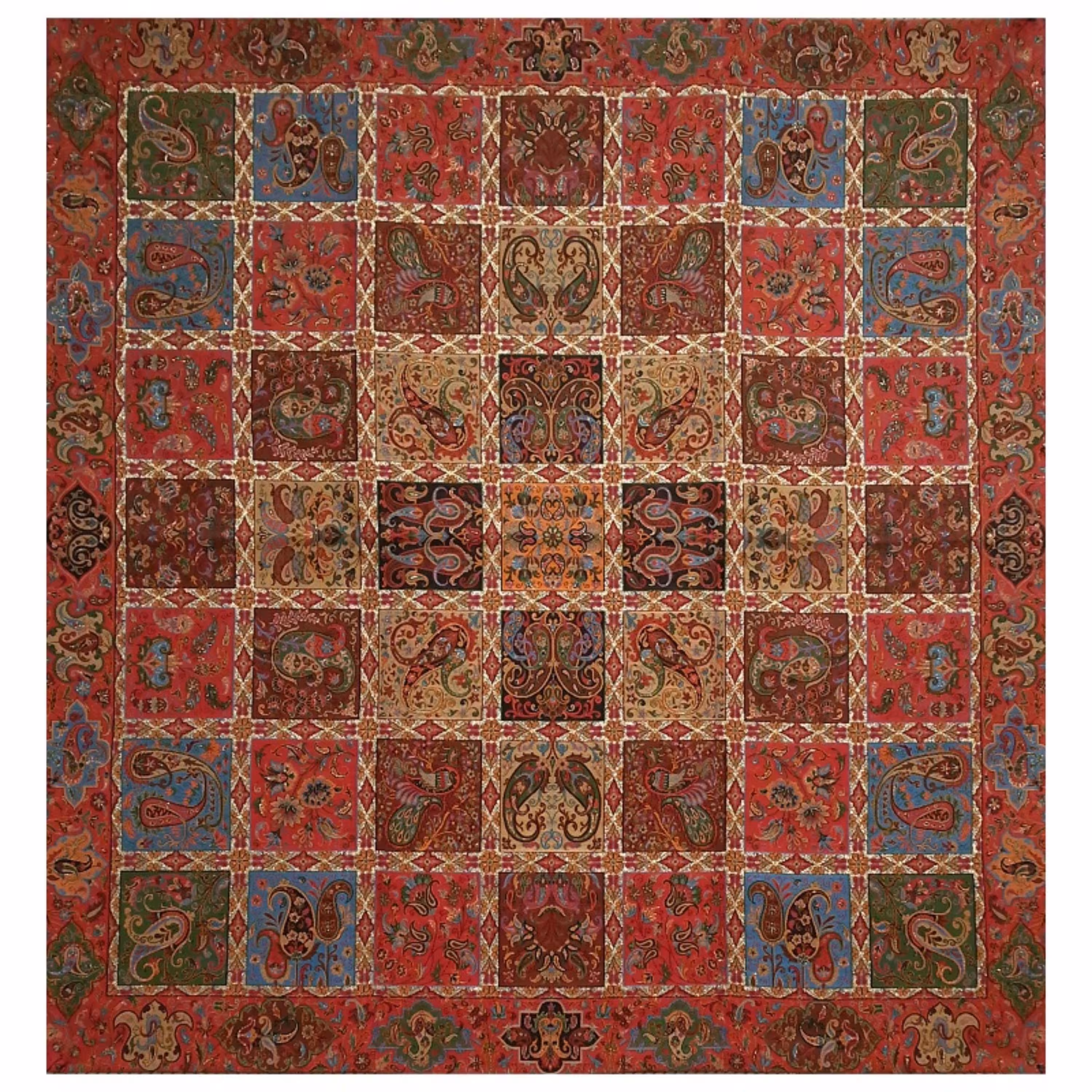 رومیزی ترمه مربع ابریشم  کد TRM13  رنگ قرمز  آستر زرشکی