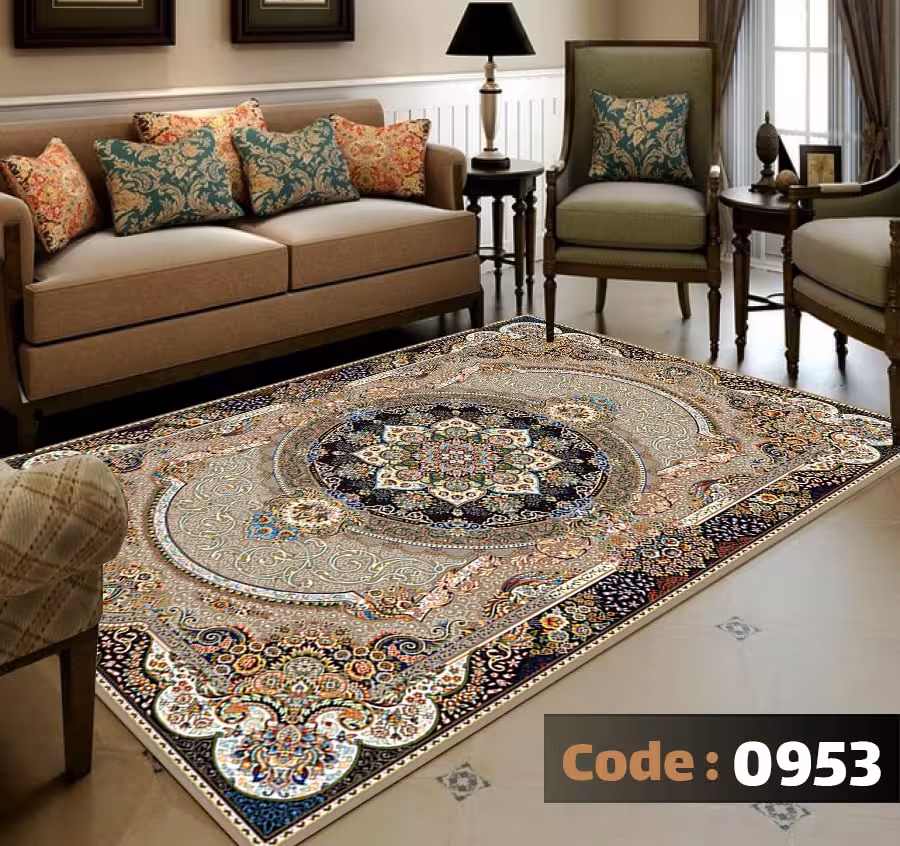 کاورفرش روفرشی دورکشدار گوشه لیفه ای کرم  قهوه ای کد 0953