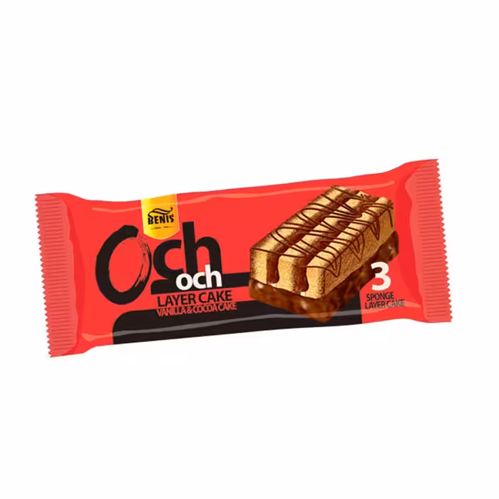 کیک اسفنجی 3 لایه ای با روکش کاکائو اوچ اوچ بنیس 70 گرمی