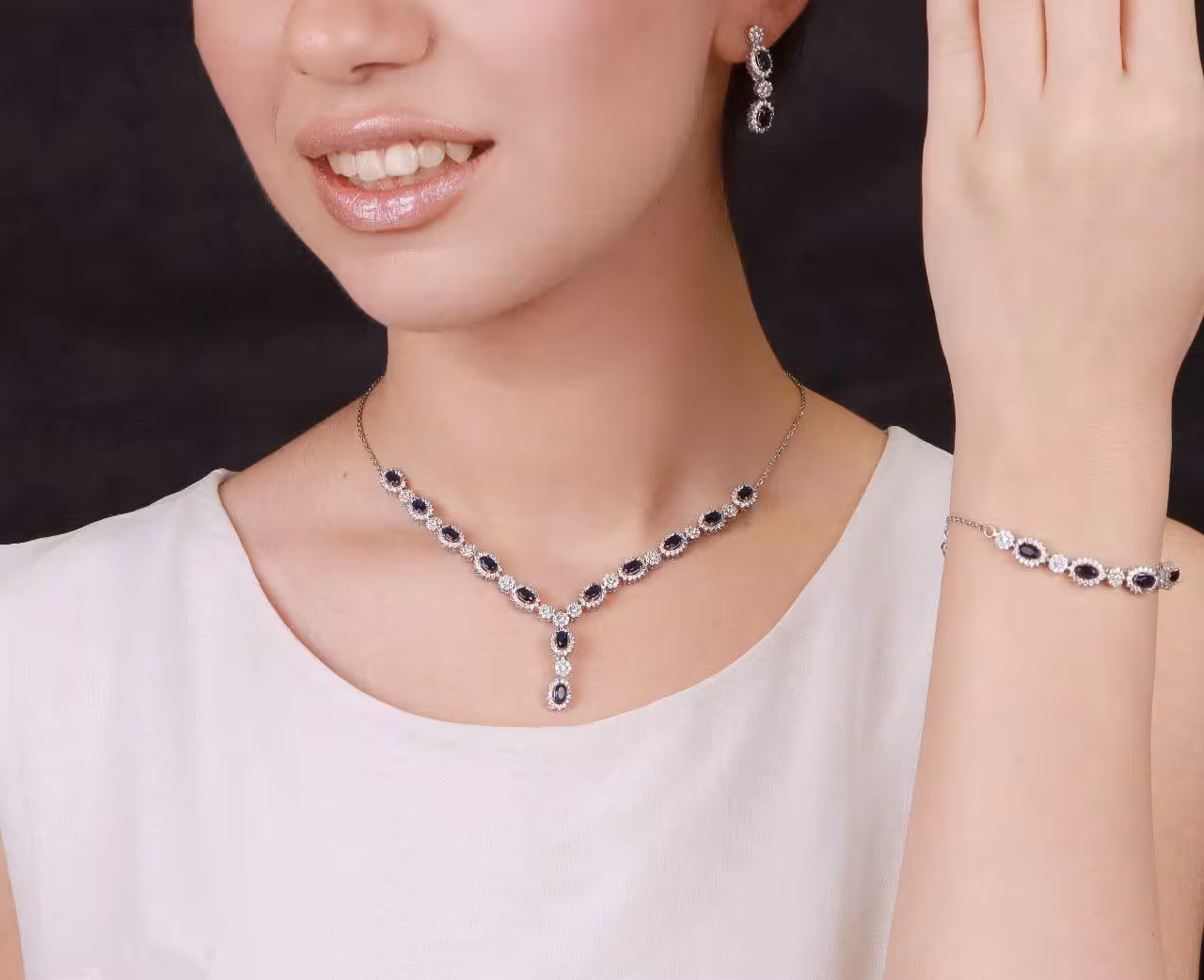 سرویس نقره یاقوت کبود جواهری زنانه کد 60299