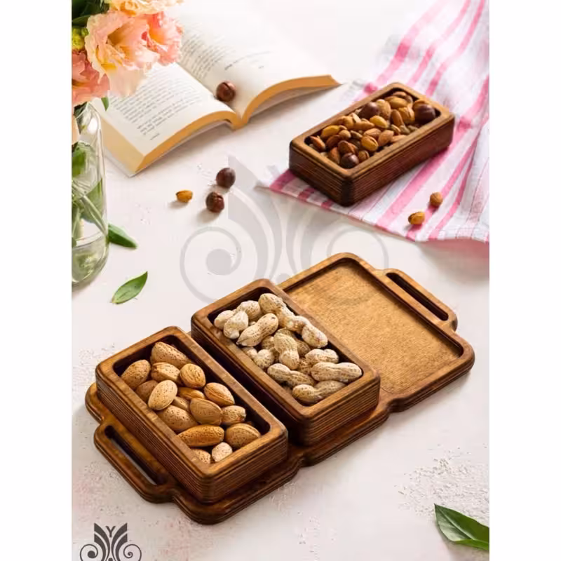 اردوخوری چوبی 3خانه دوبل مستطیل 30 در 20 تنقلات خوری 3خانه