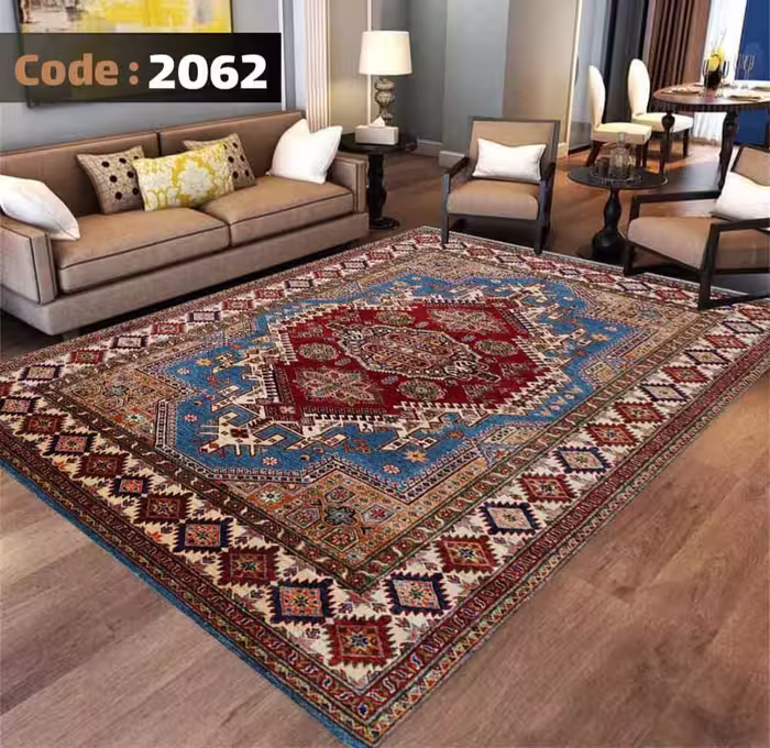 کاورفرش روفرشی دورکشدار گوشه لیفه ای لاکی ، آبی و متنوع کد 2062