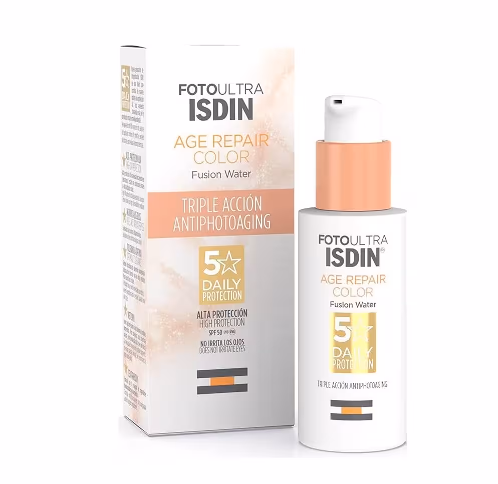 ضد آفتاب ایزدین جوانساز پوست فیوژن واتر رنگی حجم 50 میل Isdin Age Repair Fusion Water COLOR