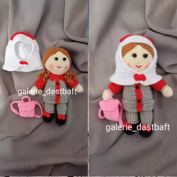 عروسک بافتنی دختر دانش آموز17سانتی بافت بارنگ دلخواه شما