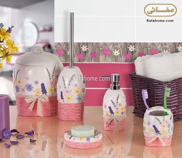 سرویس بهداشتی 5 تکه رزین صورتی طرح fiyonk