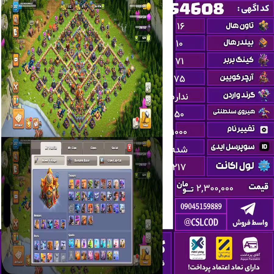 اکانت کلش لول 217 تاون 16 لول 71 کویین 75 واردن  رویال چمپیون 50 شاهزاده مینیون 57 تغییرنام 1000 کد 54608