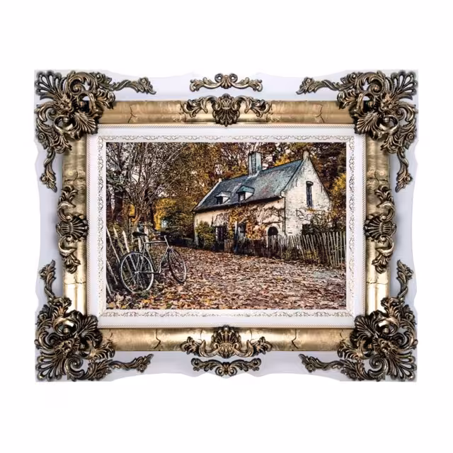 تابلو فرش ماشینی دنیای فرش طرح کلبه چوبی و دوچرخه کد 107