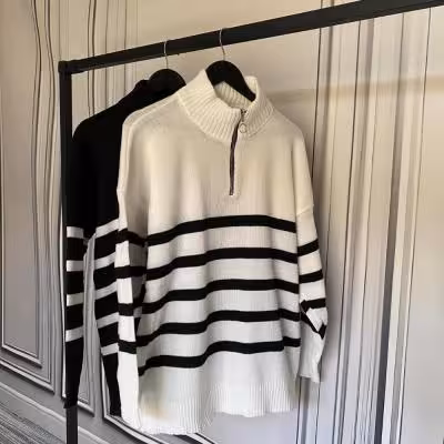 بافت دورس یقه زیپدار راه راه