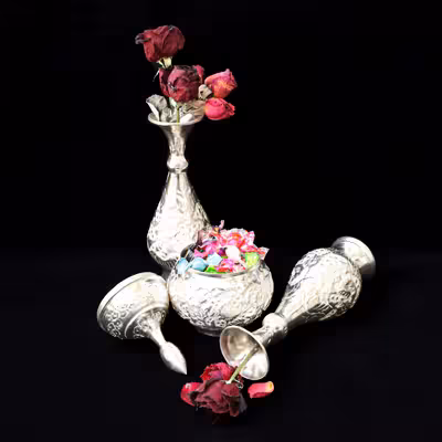 ست 3 تکه گلدان و قندان قلمزنی مدل سیلورپلیتینگ کد HQ201720