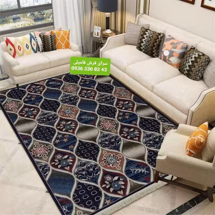 گلیم ماشینی کاشان6متری طرح نسترن سرمه ای 