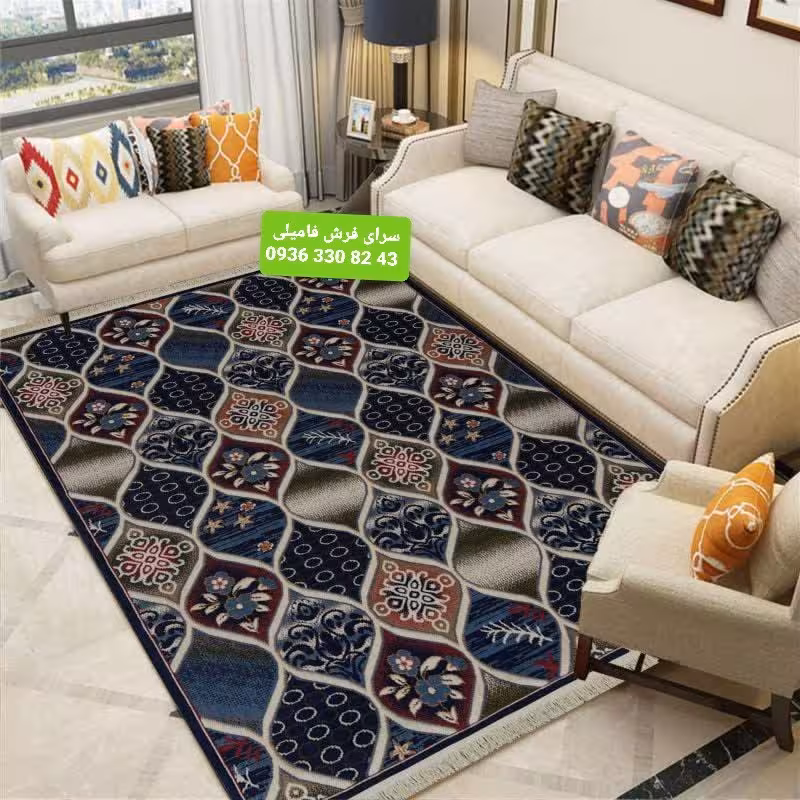 گلیم ماشینی کاشان6متری طرح نسترن سرمه ای 