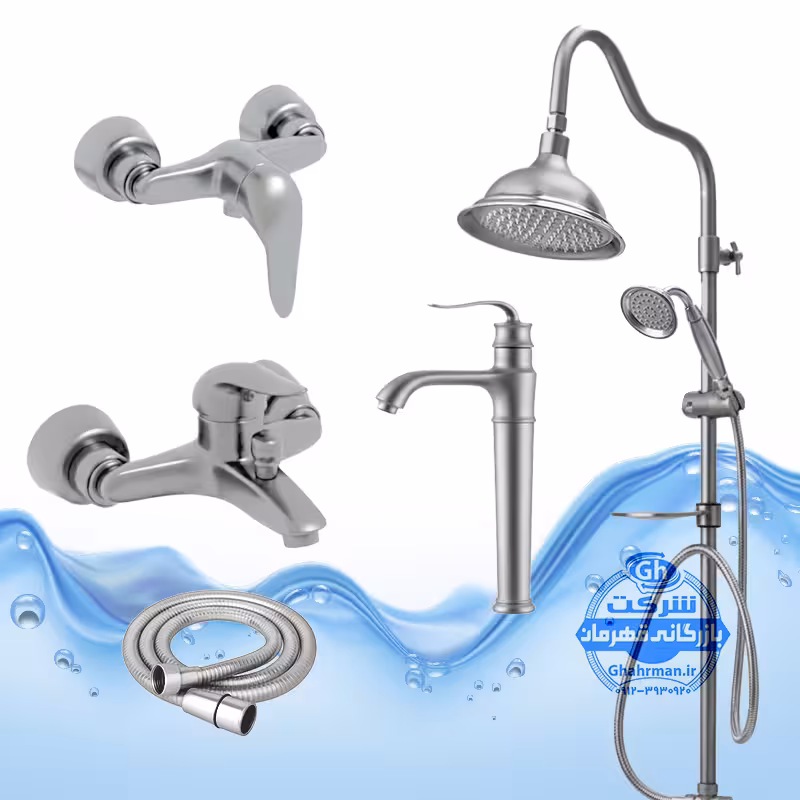 ست 5 عددی شیرآلات آیدا صنعت مدل قهرمان | شیر روشویی پایه‌بلند شیر حمام شیر توالت شلنگ توالت علم دوش شیپوری | کروم مات