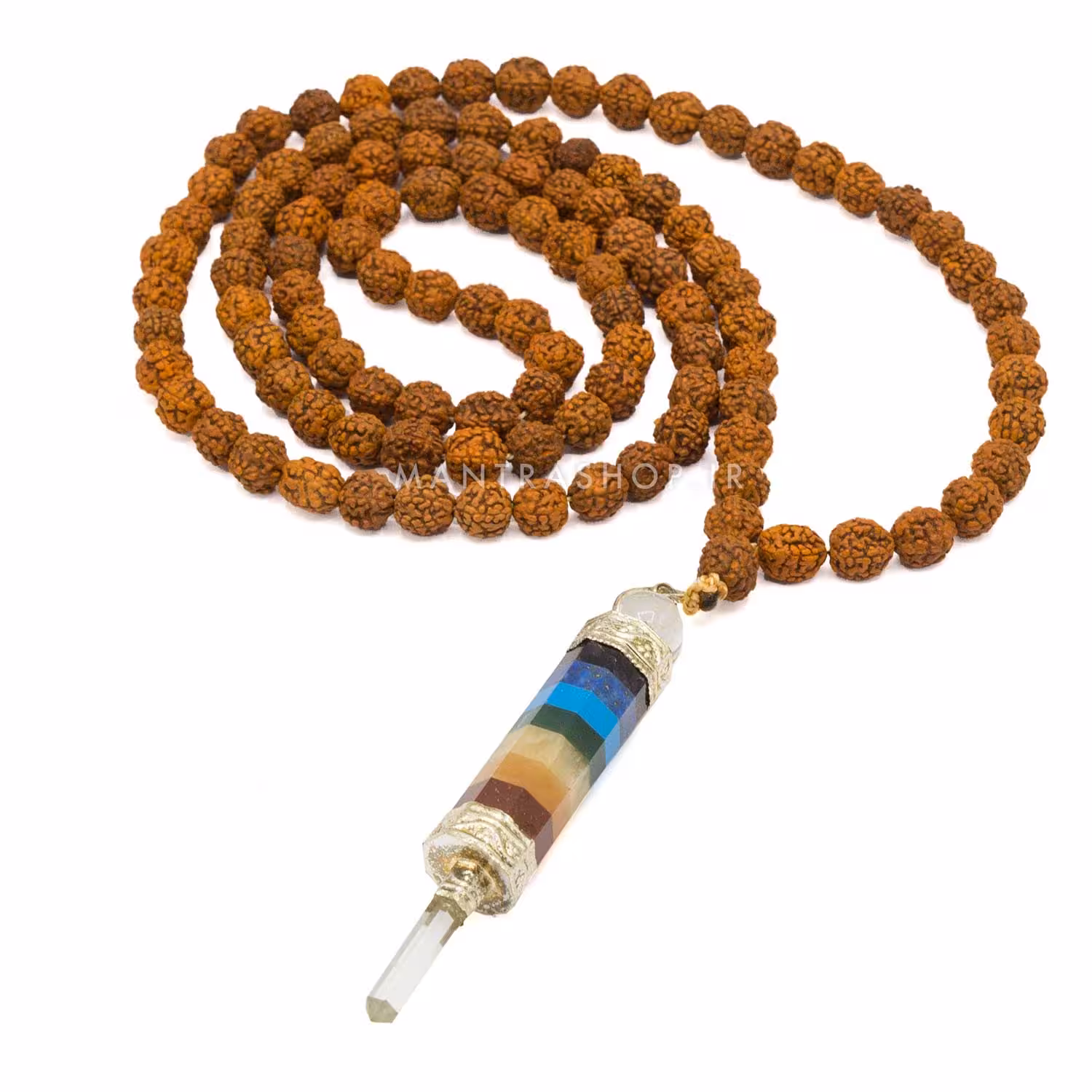 گردنبند رودراکشا مالا با آویز سنگ هفت چاکرا و کریستال کوارتز کد 246