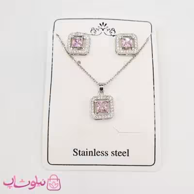 نیم ست زنانه جواهری با کریستال مربعی صورتی کد 228