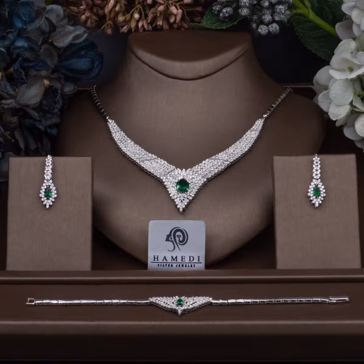 سرویس نقره زنانه لوکس نگین رنگی مدل SIL R1