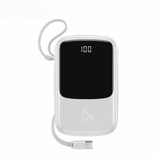 پاوربانک بیسوس 10000 میلی آمپر کابل متصل لایتنینگ Baseus QPow Digital Display Power Bank Type-c سفید