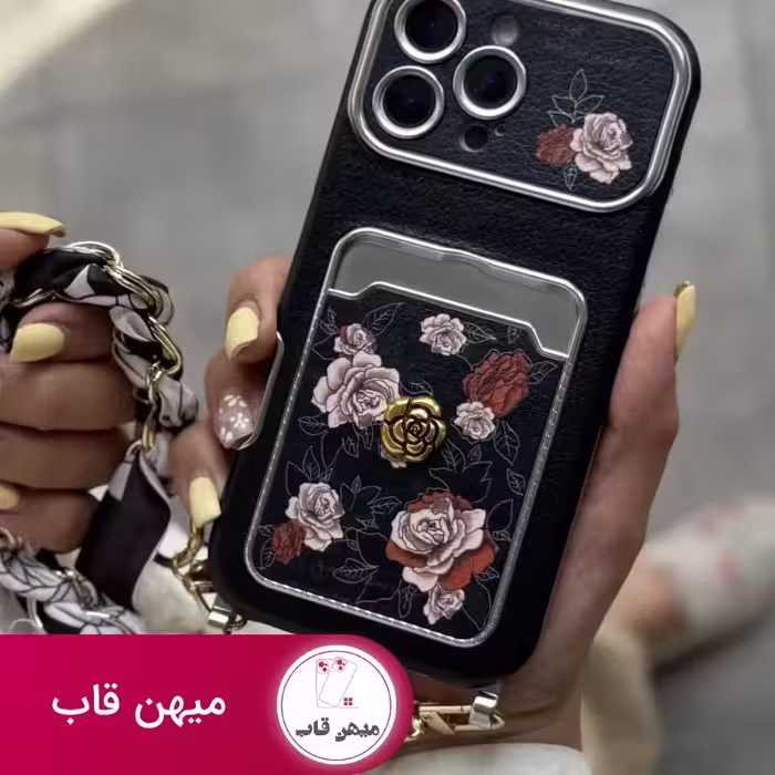 قاب موبایل آیفون گل رزا نرا جاکارتی دار   بندست اسکارف - کد (101355)