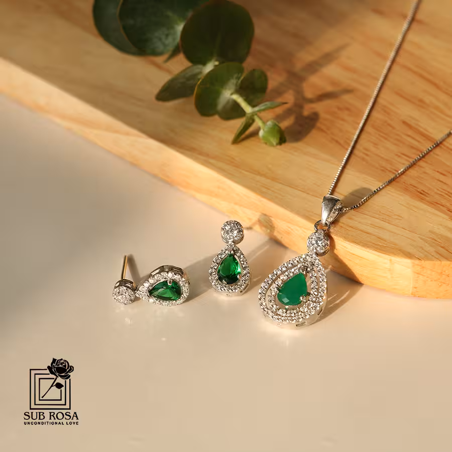 نیم ست نقره نگین سبز 14920