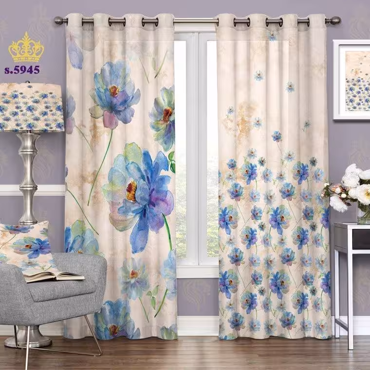 پرده پذیرایی دو قواره پانچ گلدار طرح گلهای آبرنگی کد S5945