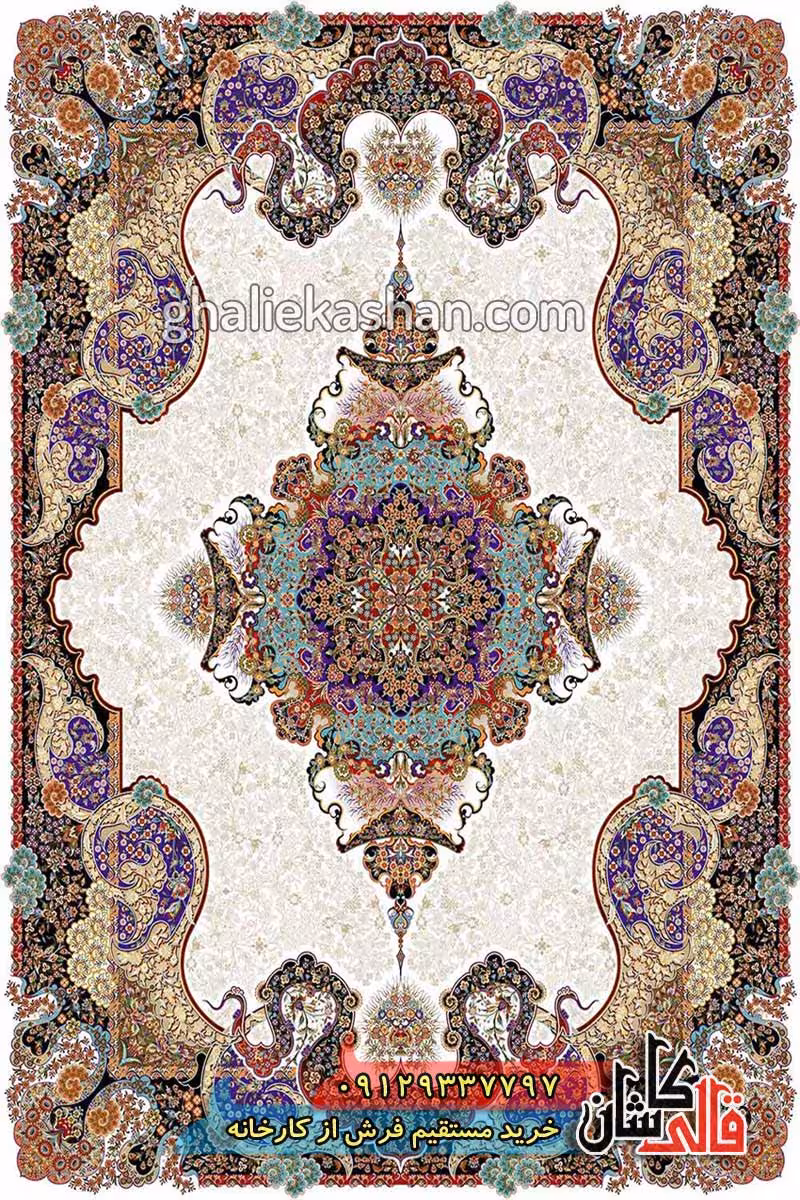 فرش 1000 شانه طرح الی زمینه کرم کاشان