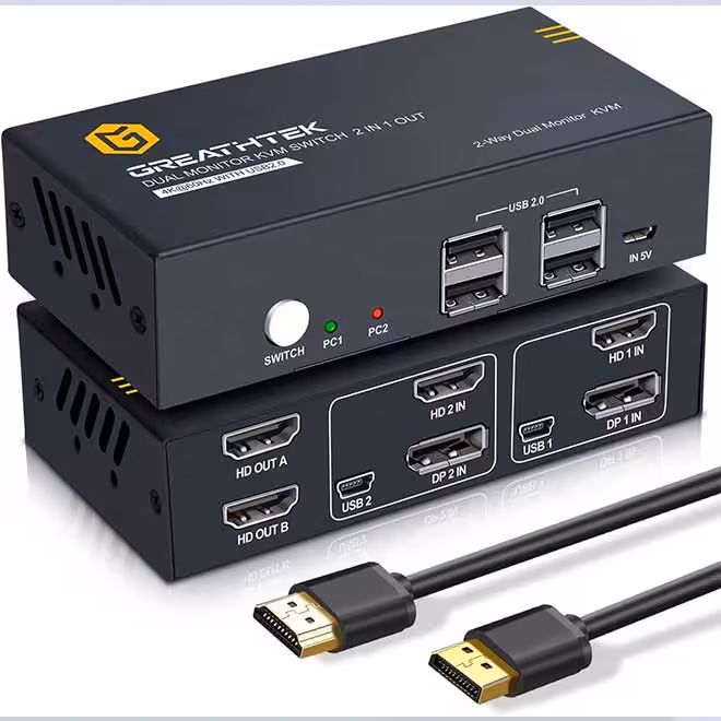سوئیچ دو مانیتور کی وی ام HDMI UHD 4K@60Hz Displayport KVM Switch