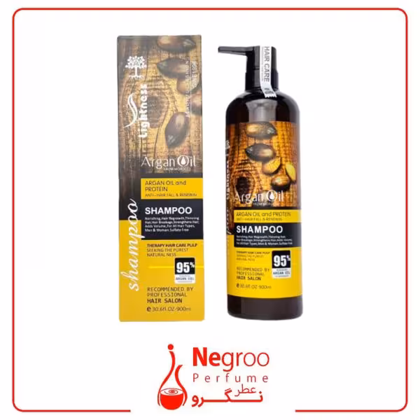 شامپو تقویت کننده و ترمیم کننده مو لایتنس Lightness مدل argan حجم 900 میلی لیتر