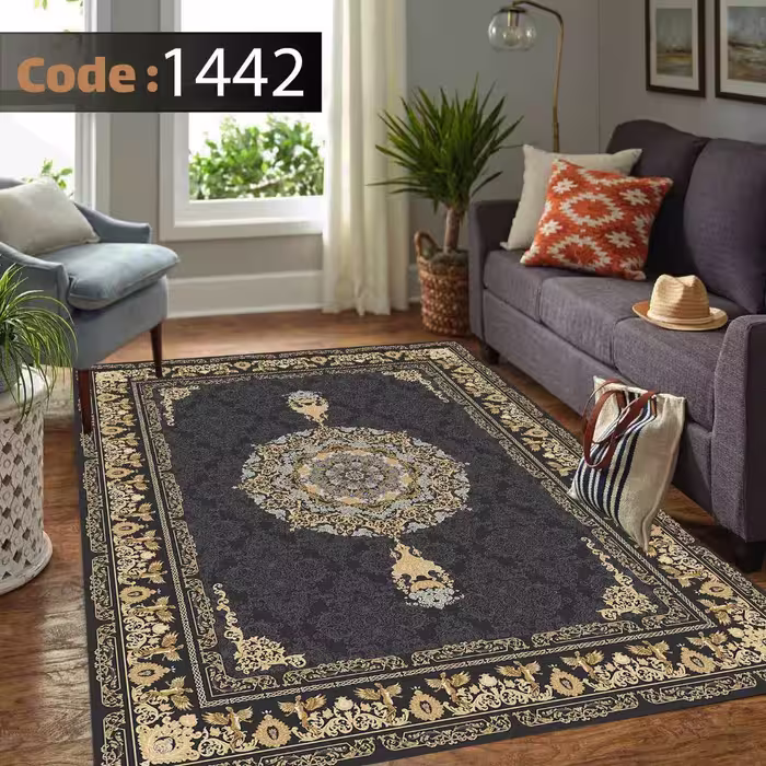کاورفرش روفرشی دورکشدار گوشه لیفه ای طوسی کرم کد 1442