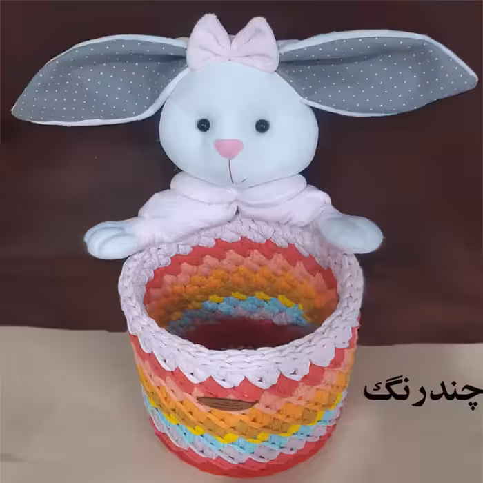 سبد قلاب بافی تریکو مژگان مدل عروسک دار خرگوش کد 32