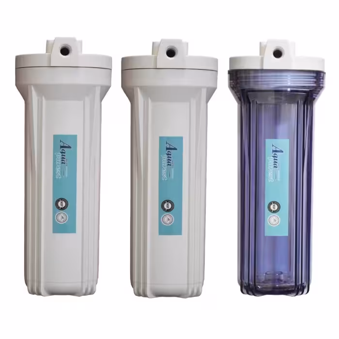 فیلتر دستگاه تصفیه آب آکوا پیورست مدل FL-03 مجموعه 3 عددی به همراه هوزینگ دستگاه تصفیه کننده آب مدل 10INCH مجموعه 3 عددی