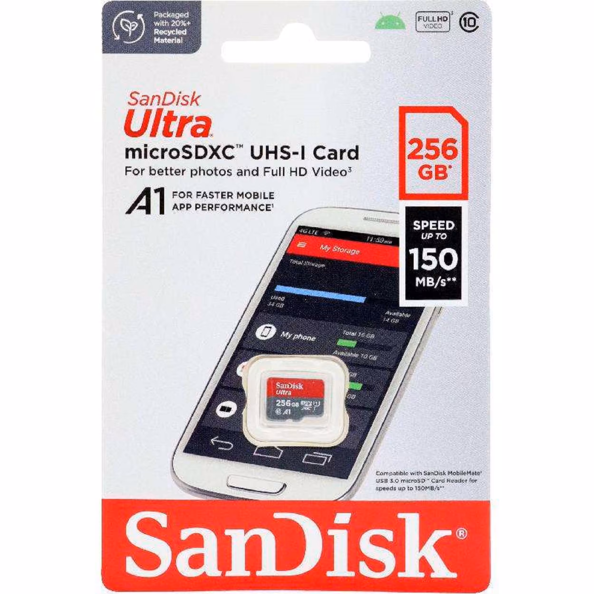 کارت حافظه microSDXC سن دیسک مدل Ultra A1 کلاس 10 استاندارد UHS-I سرعت 150MBps ظرفیت 256 گیگابایت