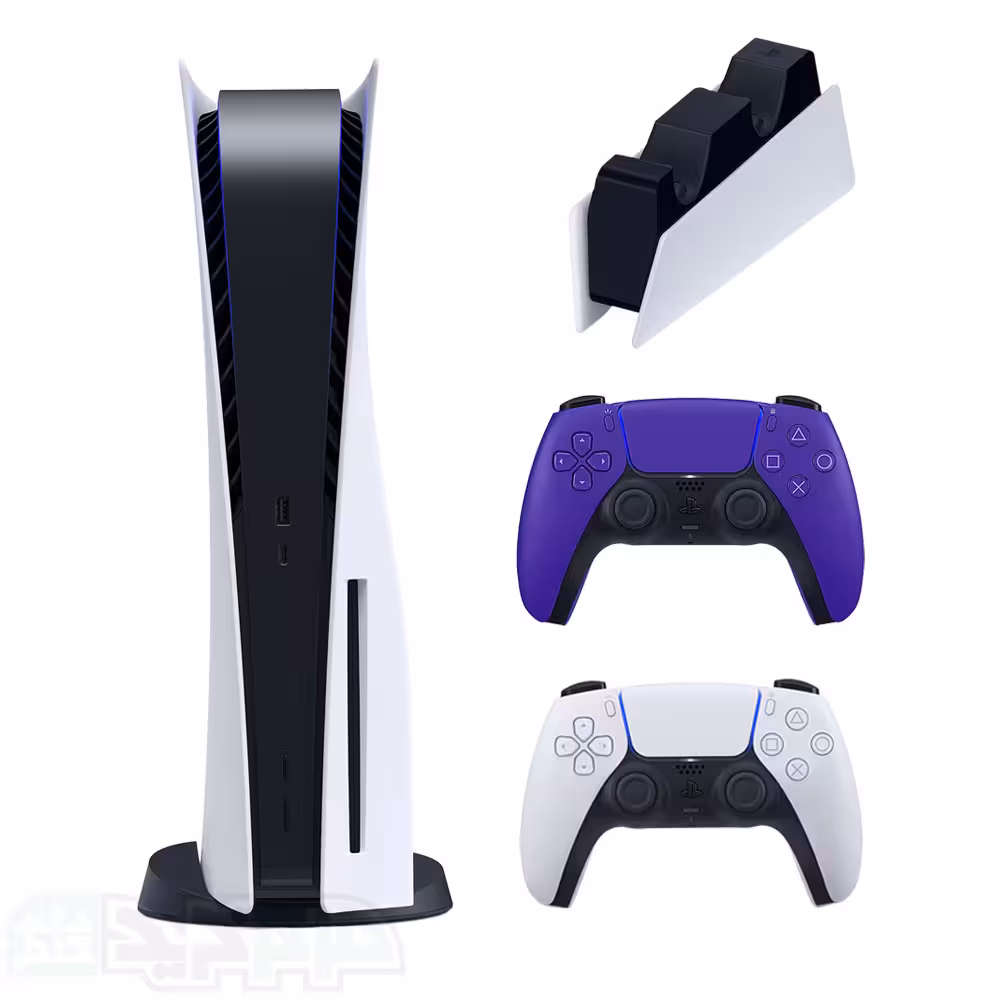 پلی استیشن 5 با درایو با دسته بنفش و پایه شارژر