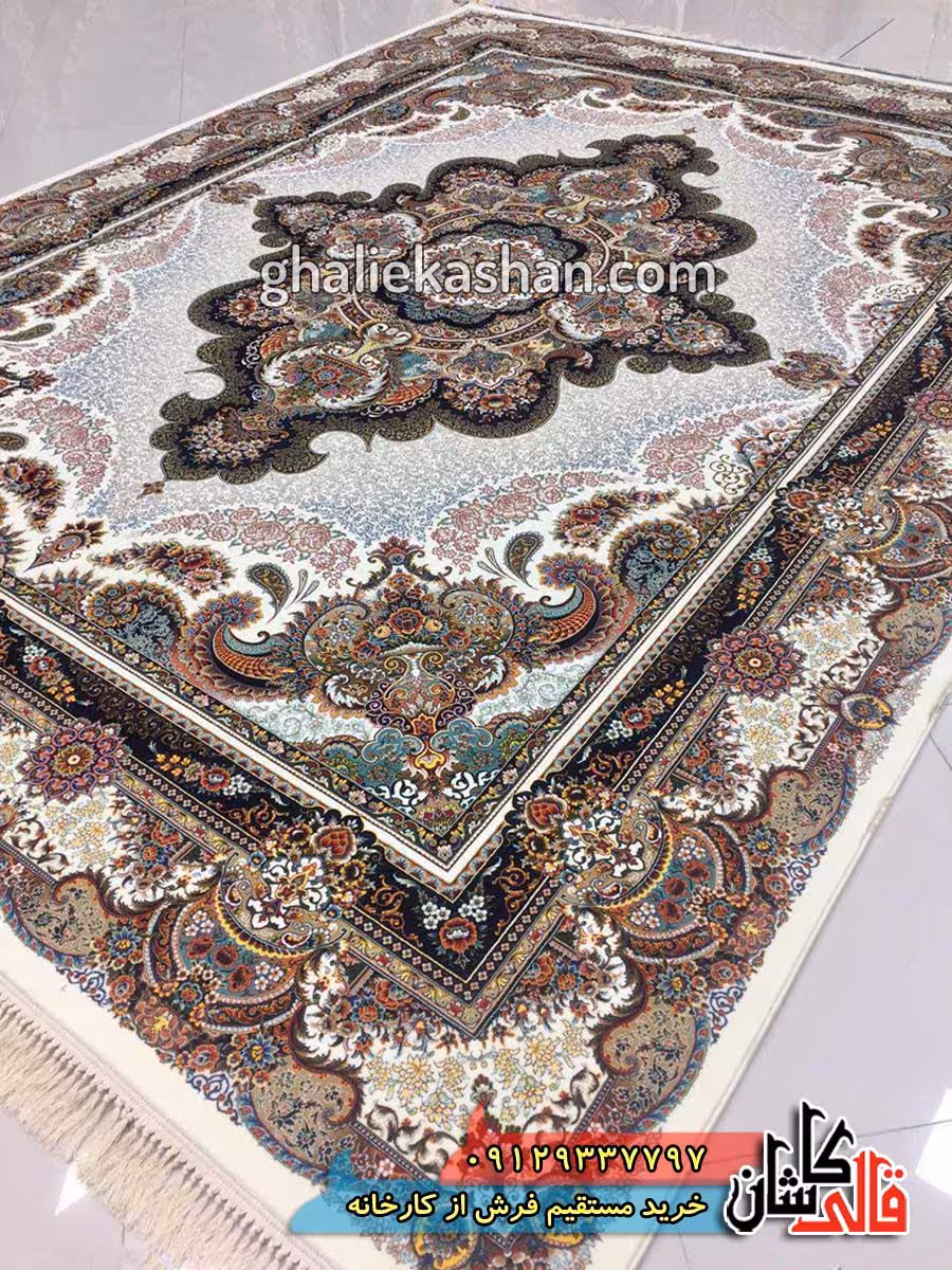 فرش 1000 شانه طرح ستاره زمینه کرم کاشان