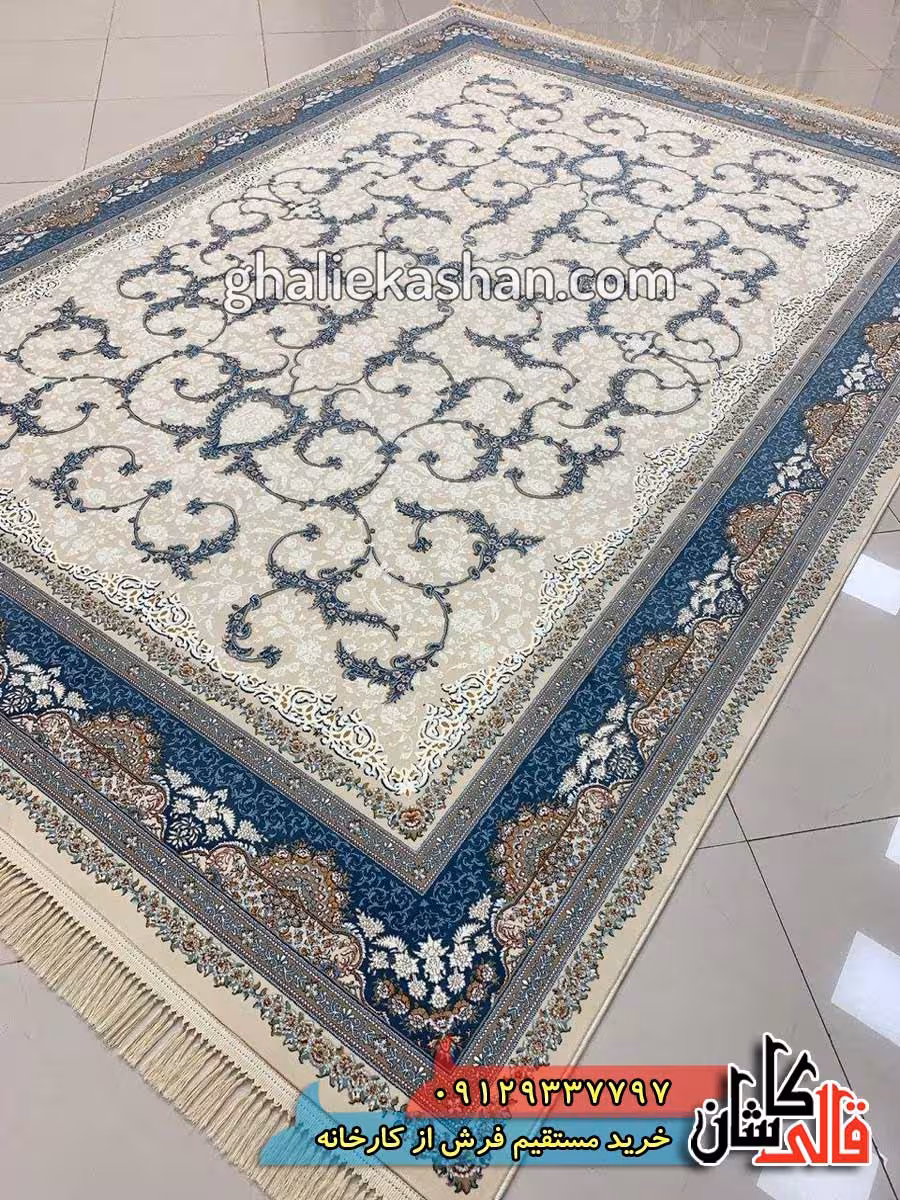 فرش 1000 شانه طرح لوتوس زمینه کرم چرک کاشان – گل برجسته