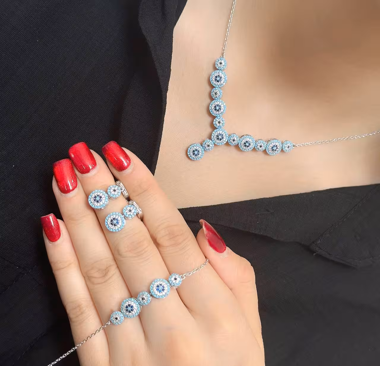 سرویس چشم نظر زنجیری نقره جواهری زنانه کد 60577