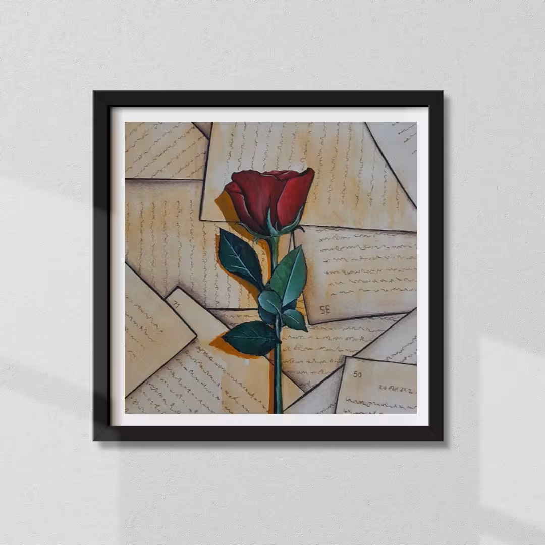 نقاشی آبرنگ گل رز  و کتاب"کالکشن رومنس" 20×20 همراه با قاب شیشه دار